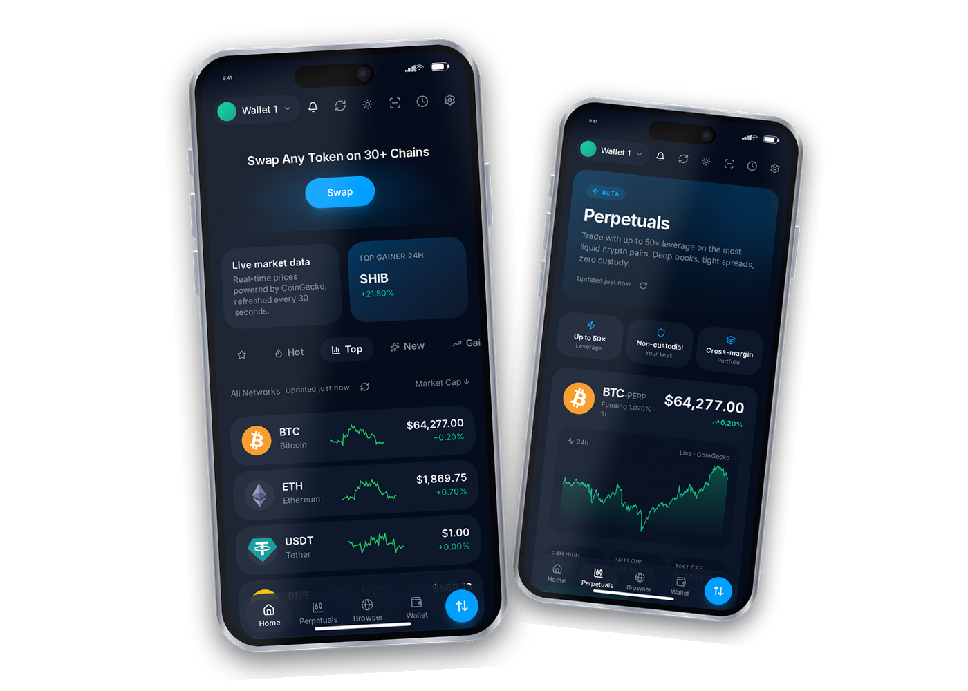 Axxion Wallet live markets and perpetuals screens with real-time token prices