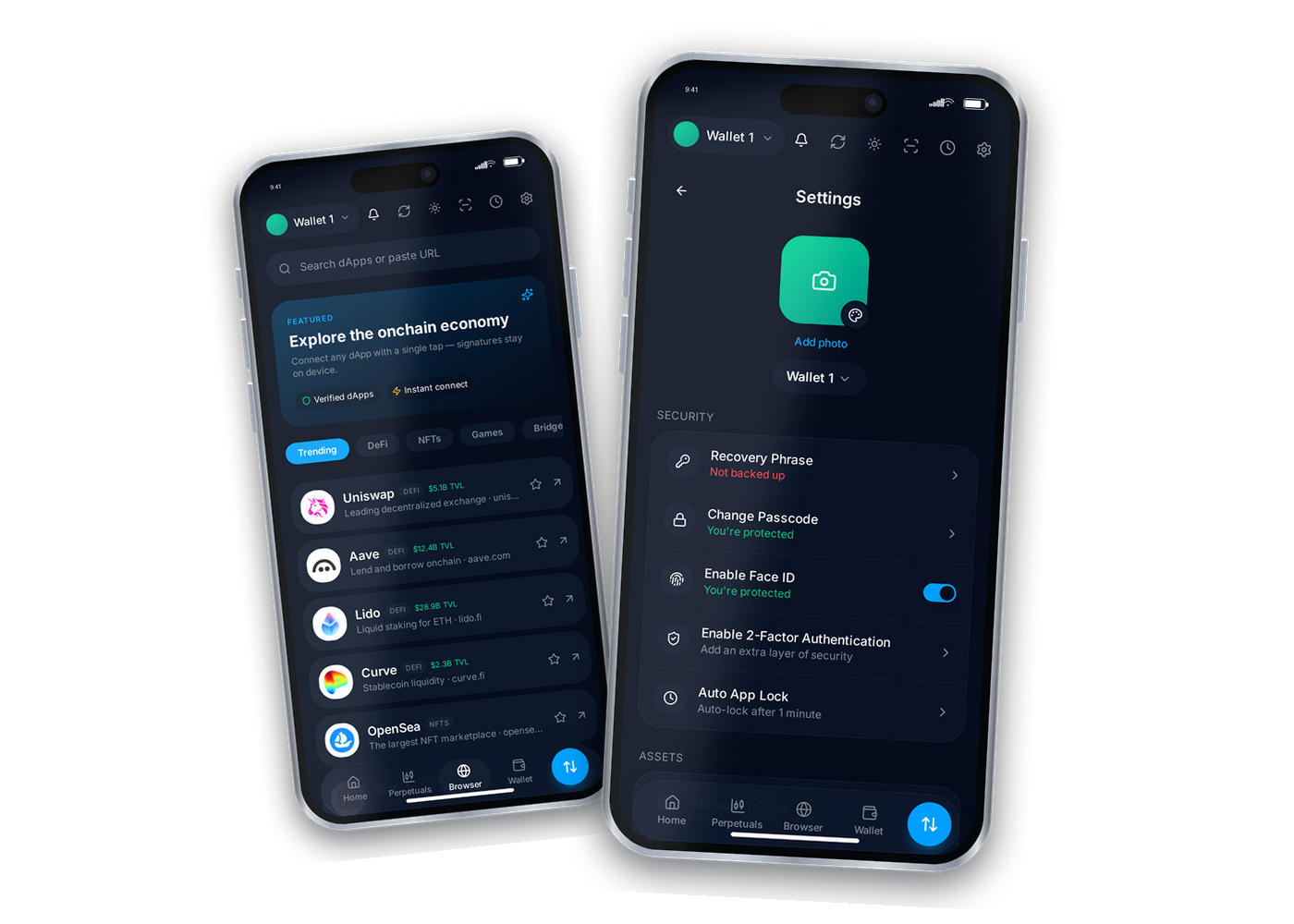 Axxion Wallet dApp browser and security settings screens showing recovery phrase and app lock